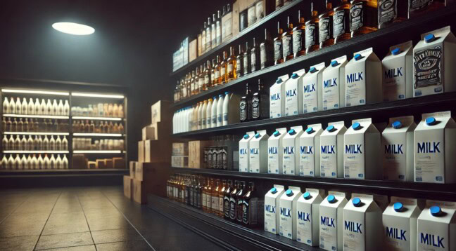 Kuvassa kaupan hyllyllä maitoa ja alkoholia